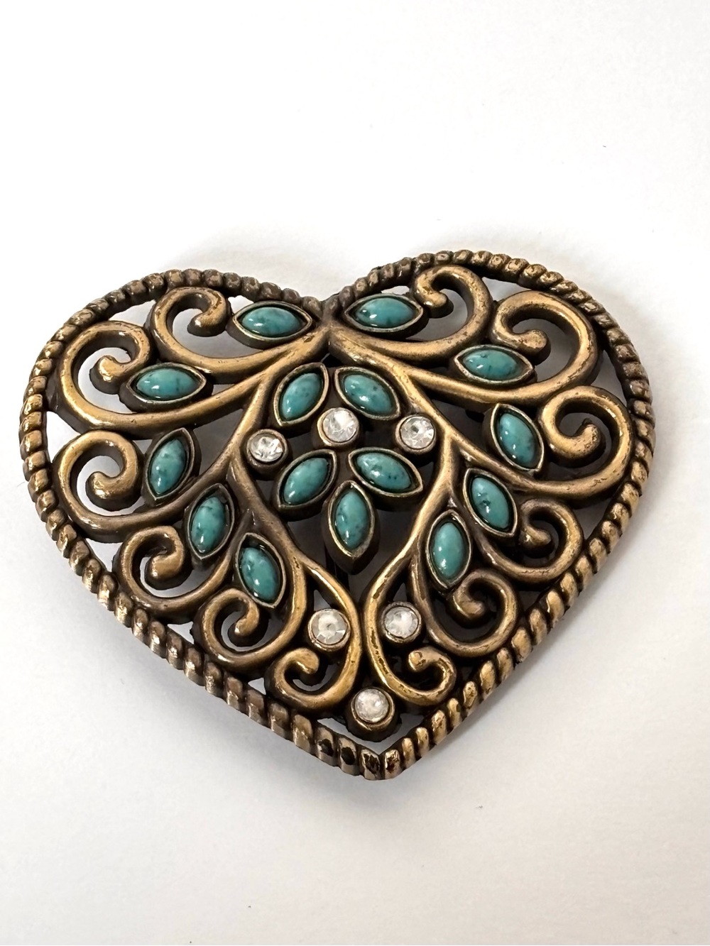 Turquoise Stone Heart Belt buckle in brass-Tone Filigree